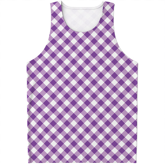 Violet And White Gingham Pattern Print Men's Tank Top