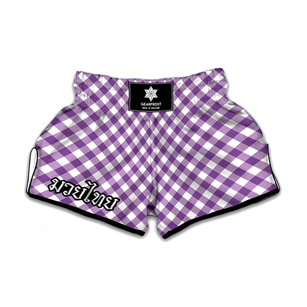Violet And White Gingham Pattern Print Muay Thai Boxing Shorts