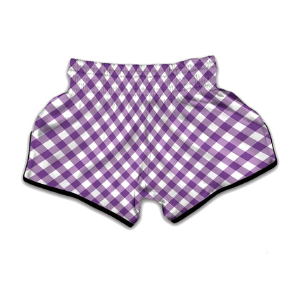 Violet And White Gingham Pattern Print Muay Thai Boxing Shorts