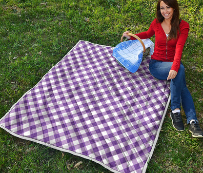 Violet And White Gingham Pattern Print Quilt