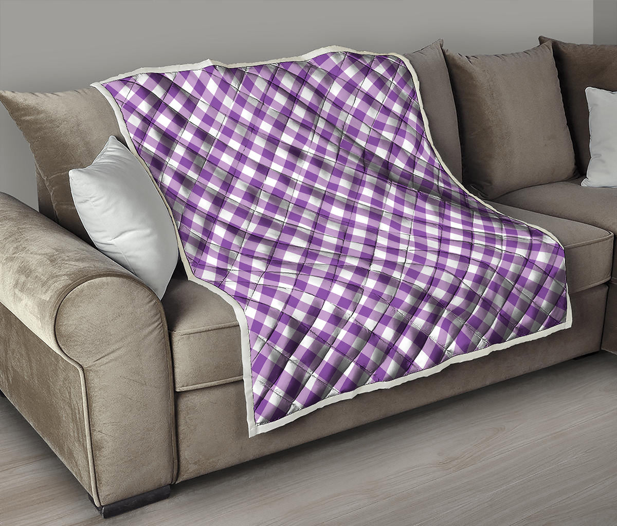 Violet And White Gingham Pattern Print Quilt