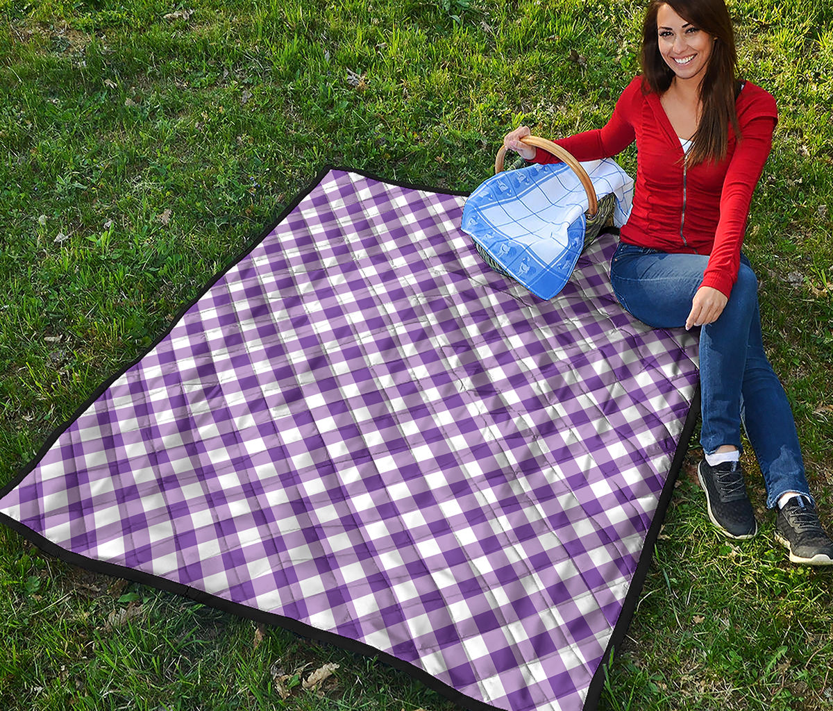 Violet And White Gingham Pattern Print Quilt
