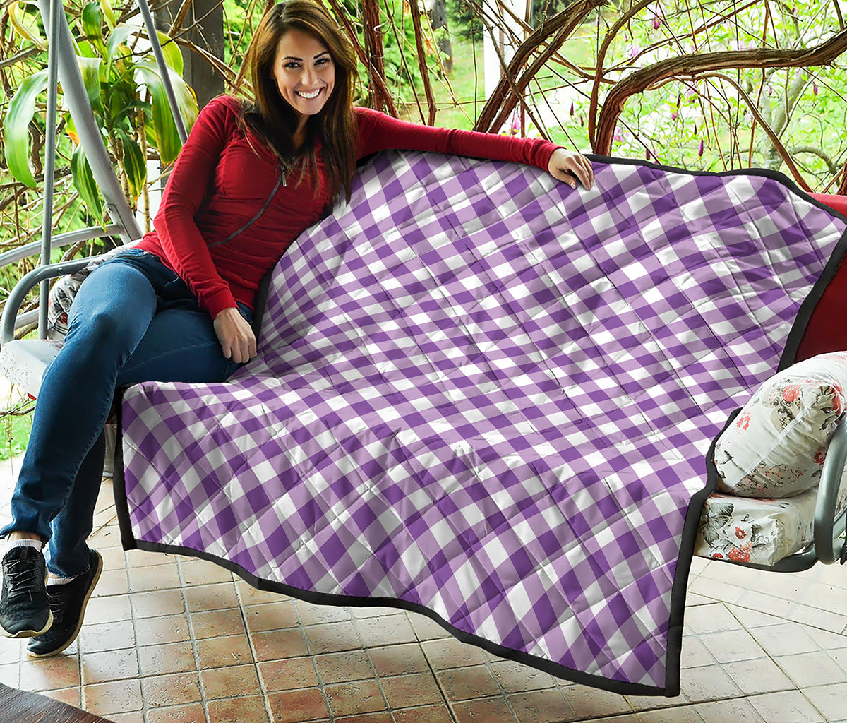 Violet And White Gingham Pattern Print Quilt