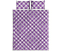Violet And White Gingham Pattern Print Quilt Bed Set