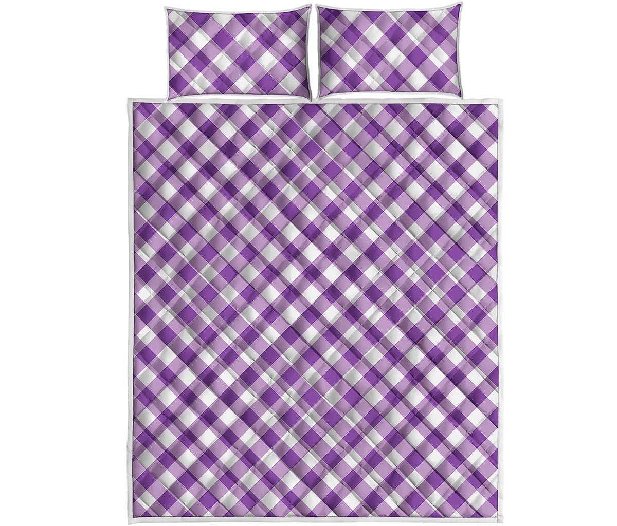 Violet And White Gingham Pattern Print Quilt Bed Set