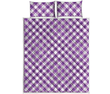 Violet And White Gingham Pattern Print Quilt Bed Set