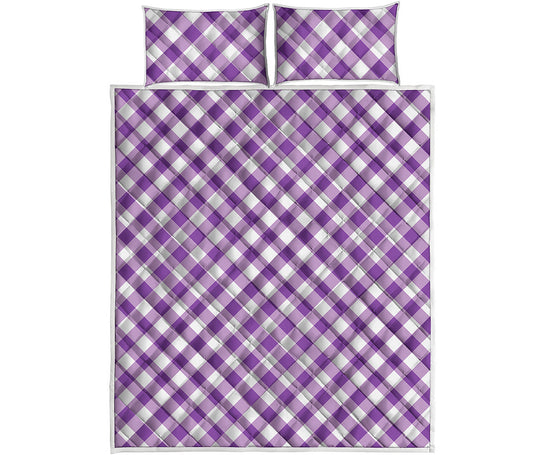 Violet And White Gingham Pattern Print Quilt Bed Set