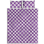 Violet And White Gingham Pattern Print Quilt Bed Set