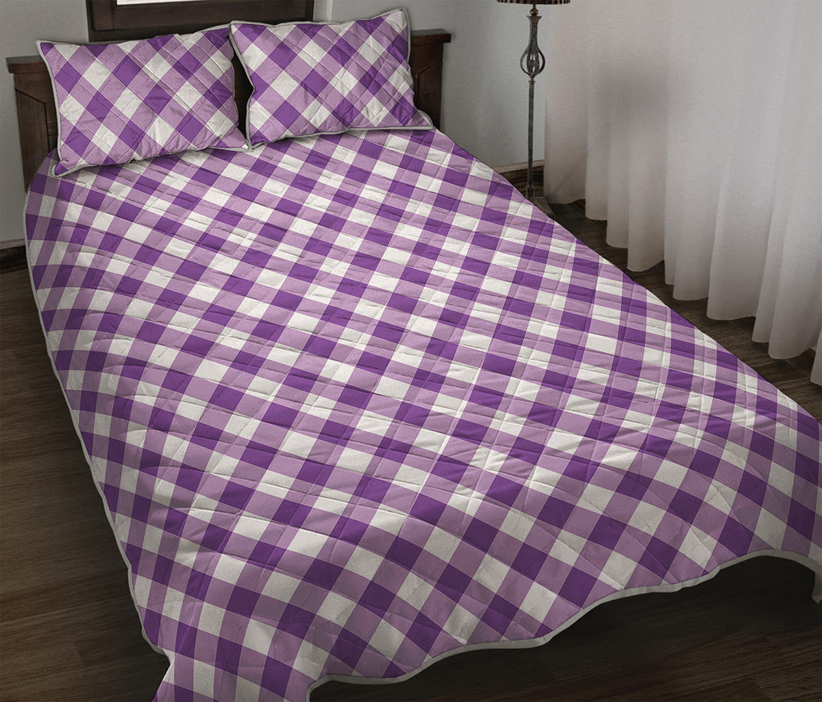 Violet And White Gingham Pattern Print Quilt Bed Set