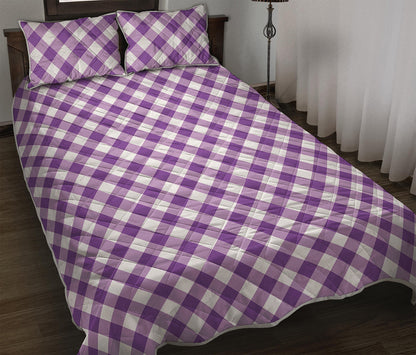 Violet And White Gingham Pattern Print Quilt Bed Set