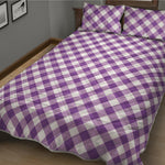 Violet And White Gingham Pattern Print Quilt Bed Set