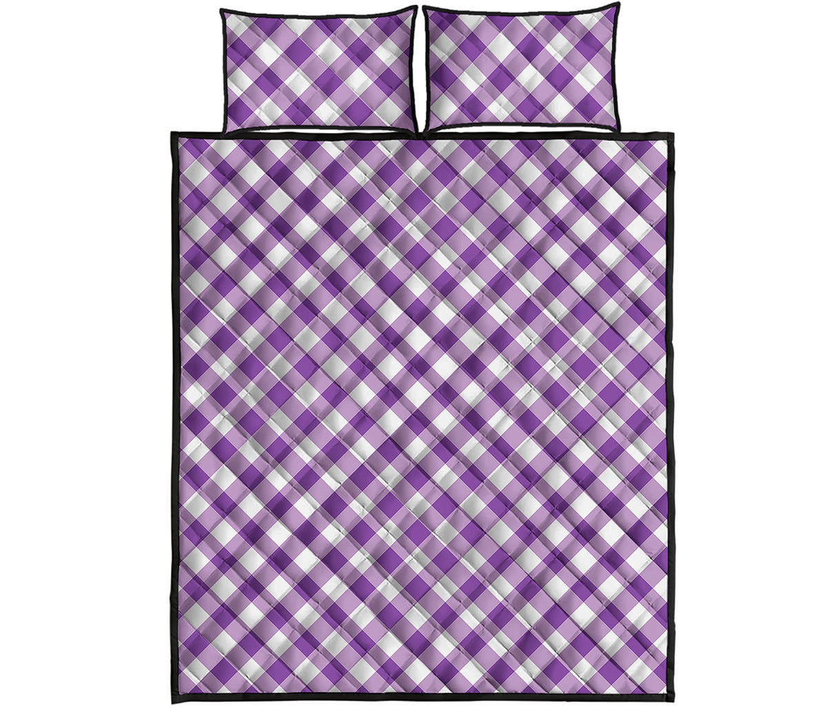 Violet And White Gingham Pattern Print Quilt Bed Set