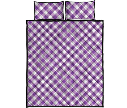 Violet And White Gingham Pattern Print Quilt Bed Set