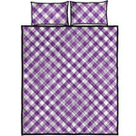 Violet And White Gingham Pattern Print Quilt Bed Set