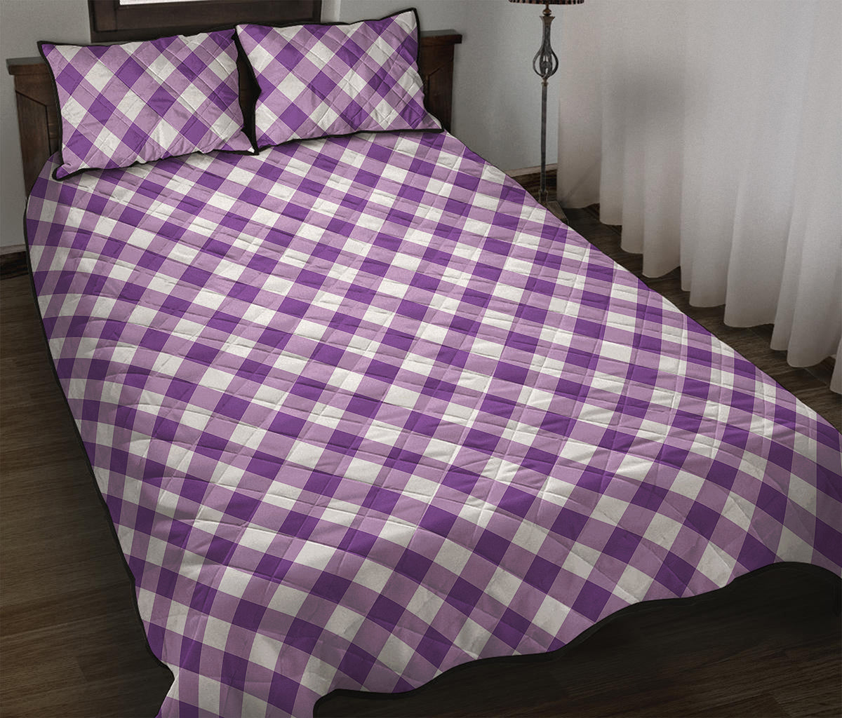 Violet And White Gingham Pattern Print Quilt Bed Set