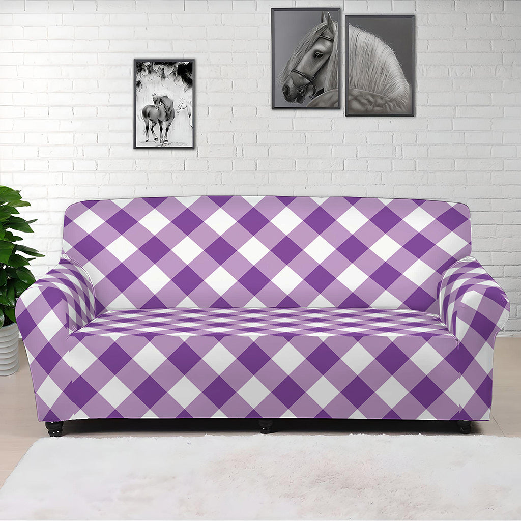 Violet And White Gingham Pattern Print Sofa Cover