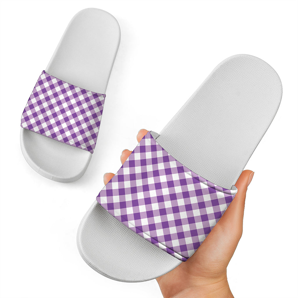 Violet And White Gingham Pattern Print White Slide Sandals