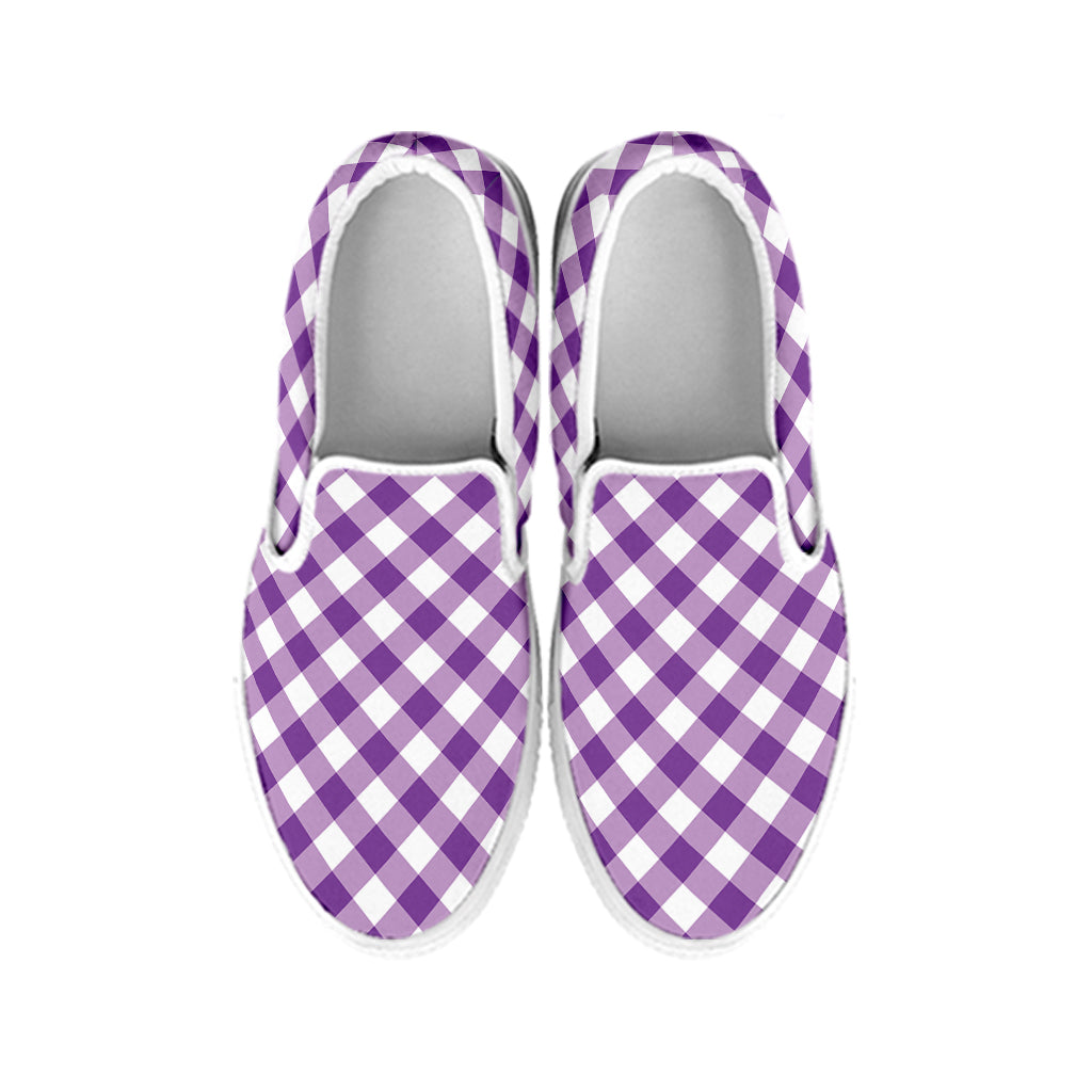 Violet And White Gingham Pattern Print White Slip On Shoes