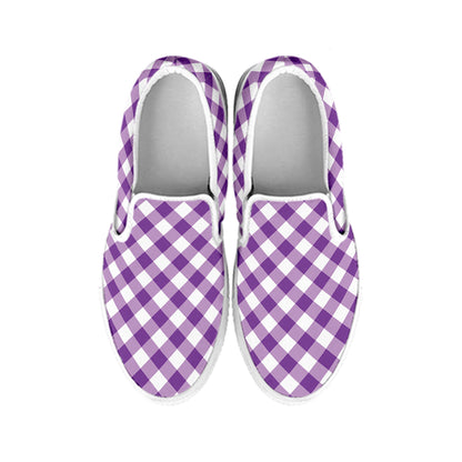 Violet And White Gingham Pattern Print White Slip On Shoes