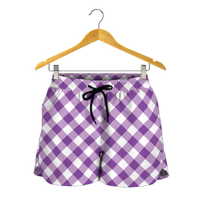 Violet And White Gingham Pattern Print Women's Shorts
