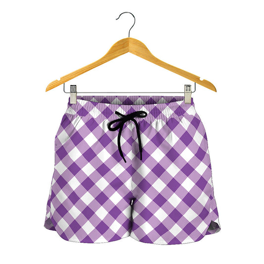 Violet And White Gingham Pattern Print Women's Shorts