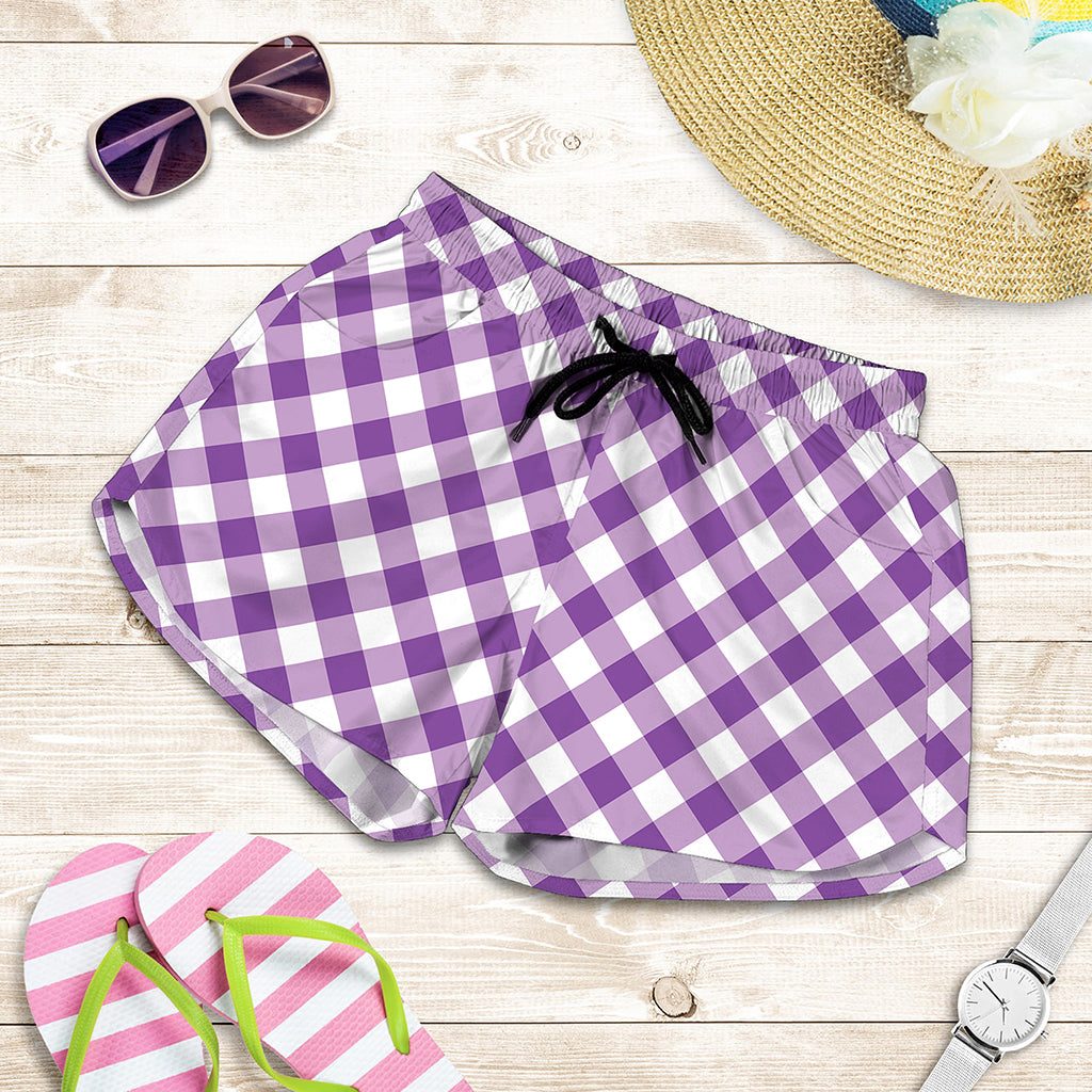 Violet And White Gingham Pattern Print Women's Shorts