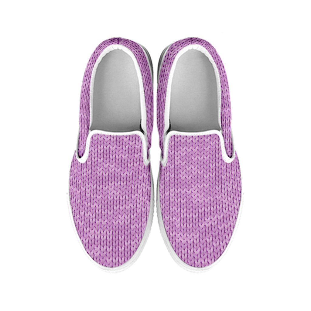 Violet Knitted Pattern Print White Slip On Shoes