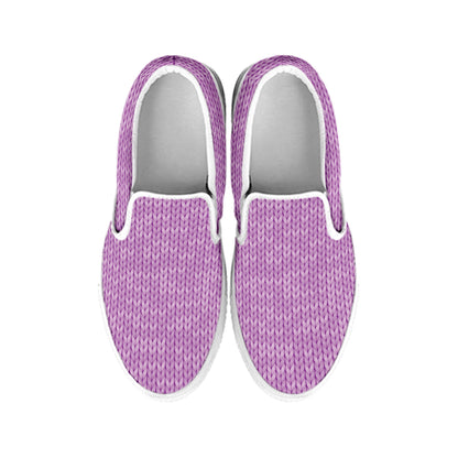 Violet Knitted Pattern Print White Slip On Shoes