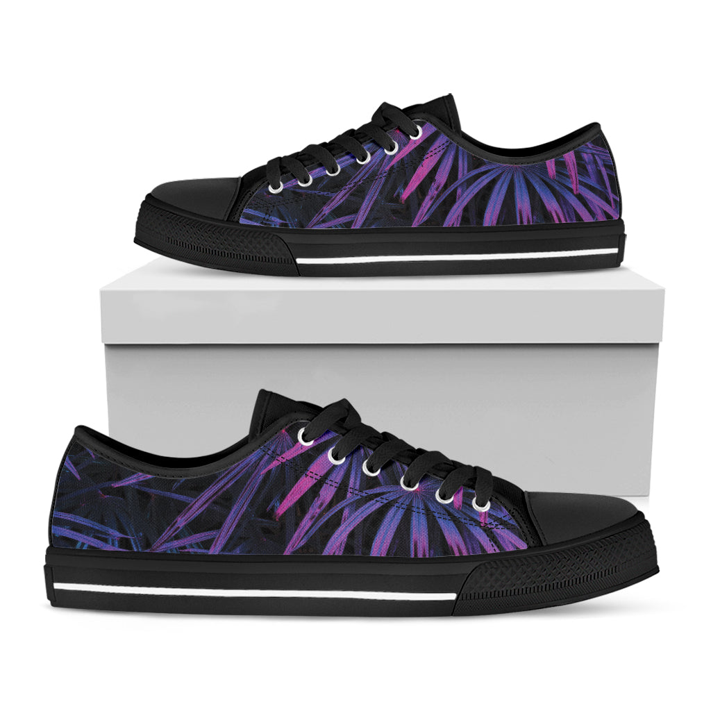 Violet Tropical Leaves Print Black Low Top Shoes