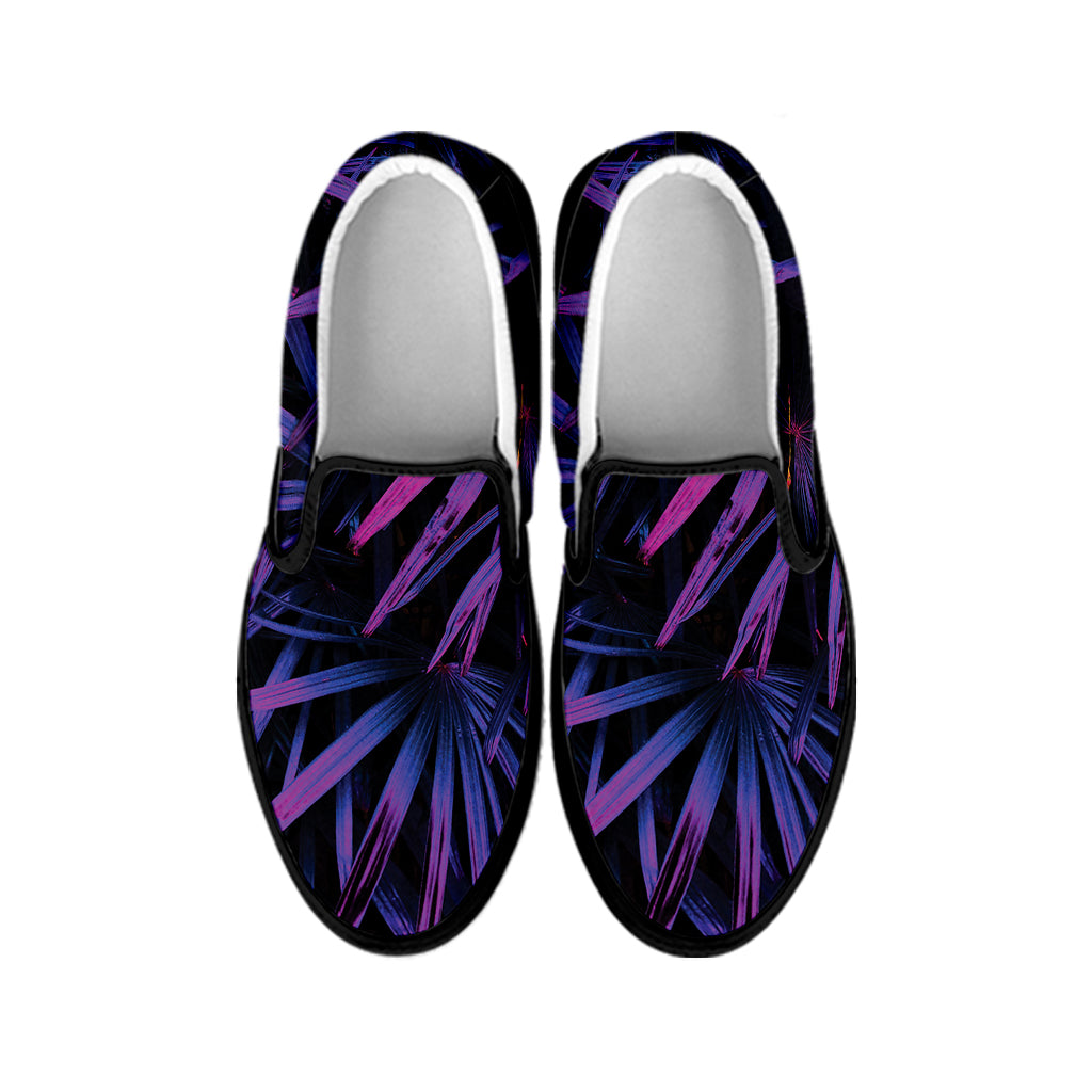 Violet Tropical Leaves Print Black Slip On Shoes