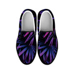 Violet Tropical Leaves Print Black Slip On Shoes