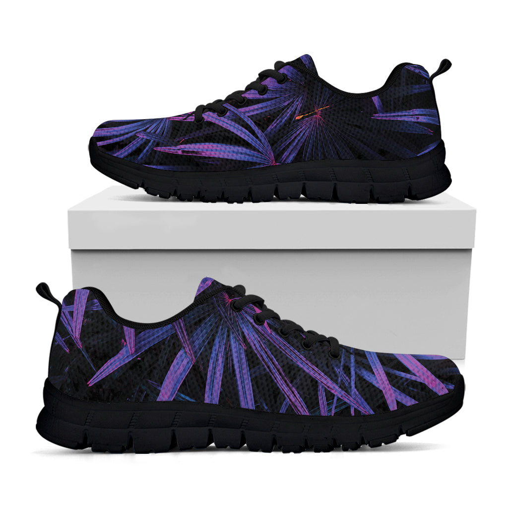 Violet Tropical Leaves Print Black Sneakers