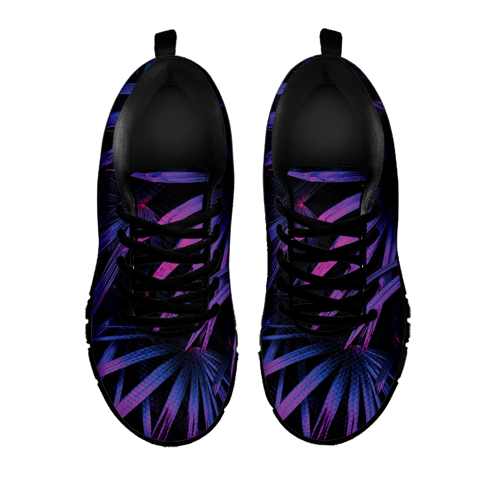 Violet Tropical Leaves Print Black Sneakers