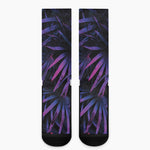 Violet Tropical Leaves Print Crew Socks