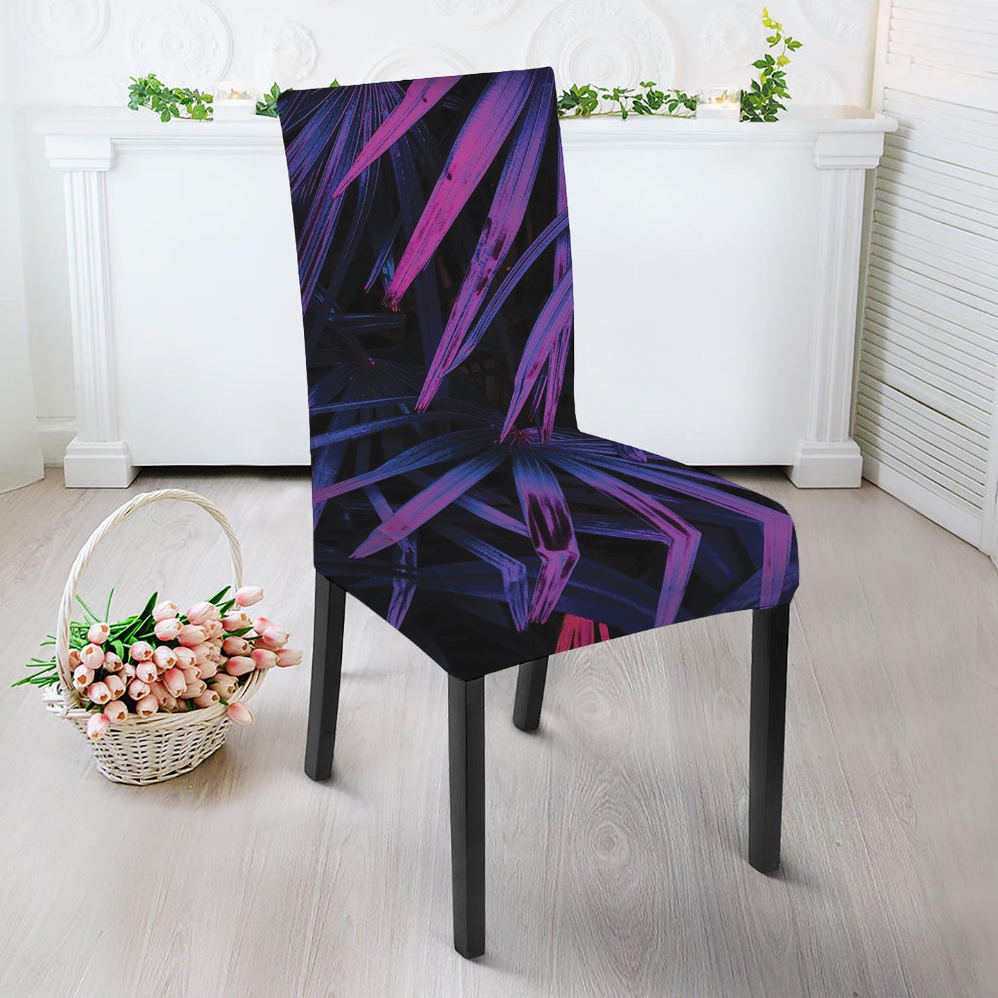 Violet Tropical Leaves Print Dining Chair Slipcover