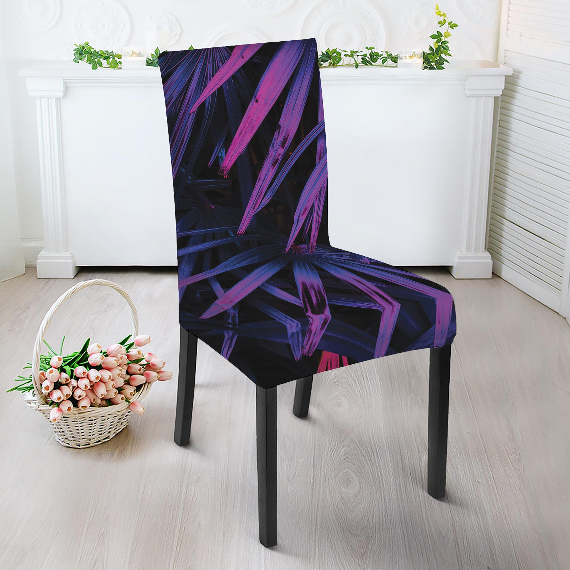 Violet Tropical Leaves Print Dining Chair Slipcover