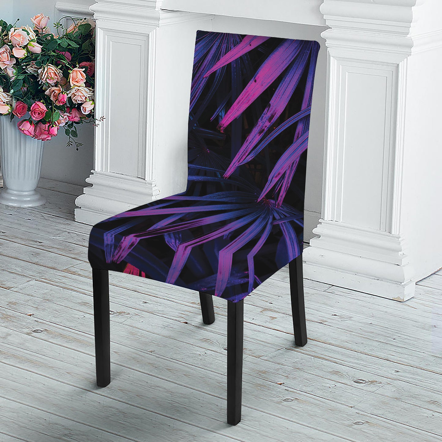 Violet Tropical Leaves Print Dining Chair Slipcover