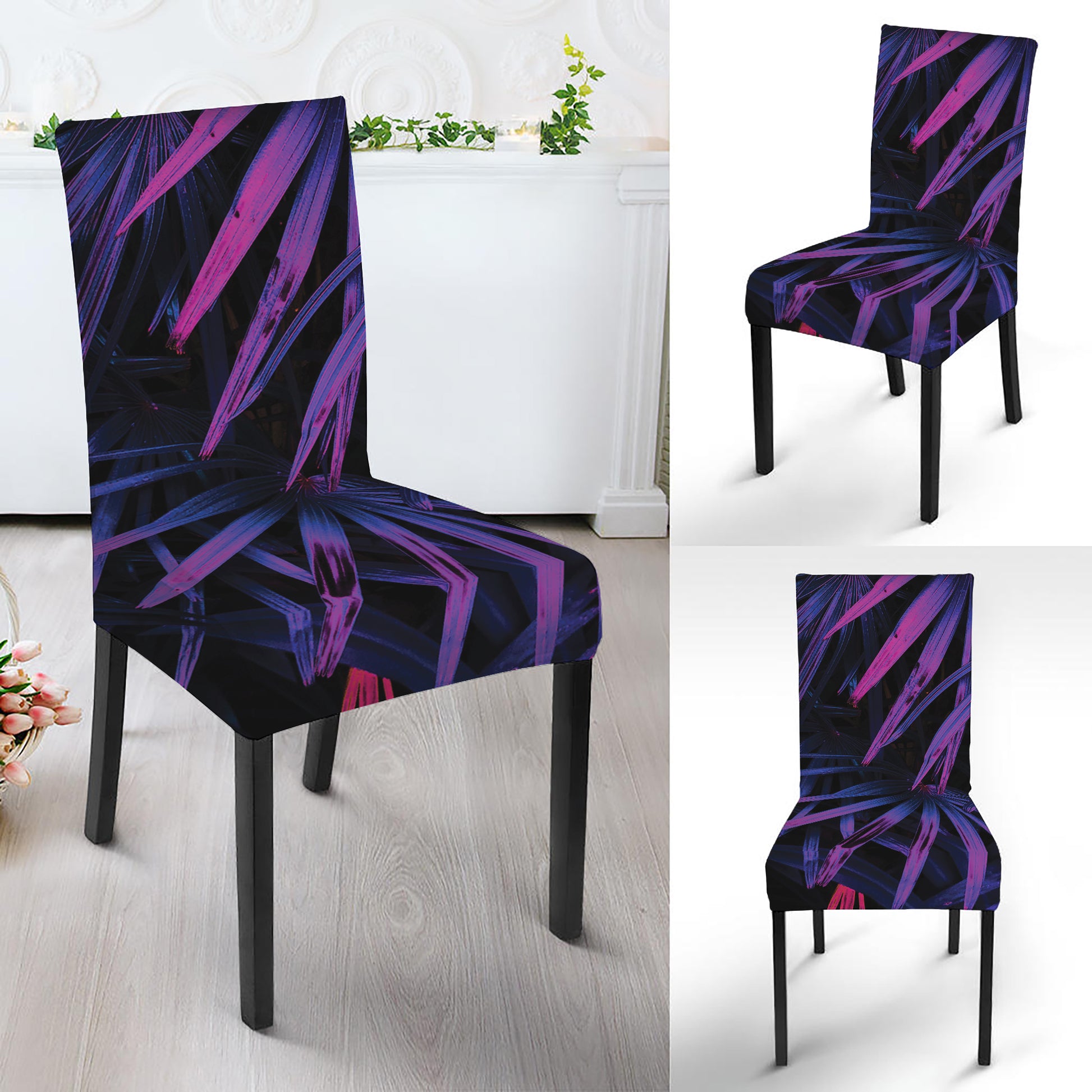 Violet Tropical Leaves Print Dining Chair Slipcover