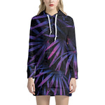 Violet Tropical Leaves Print Hoodie Dress