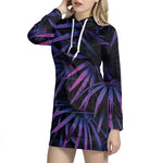 Violet Tropical Leaves Print Hoodie Dress