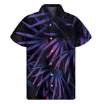 Violet Tropical Leaves Print Men's Short Sleeve Shirt