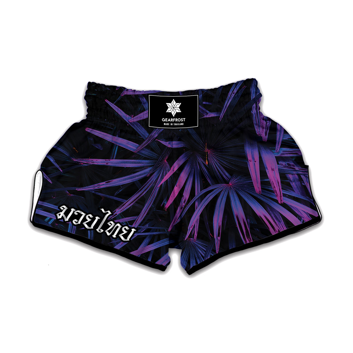 Violet Tropical Leaves Print Muay Thai Boxing Shorts