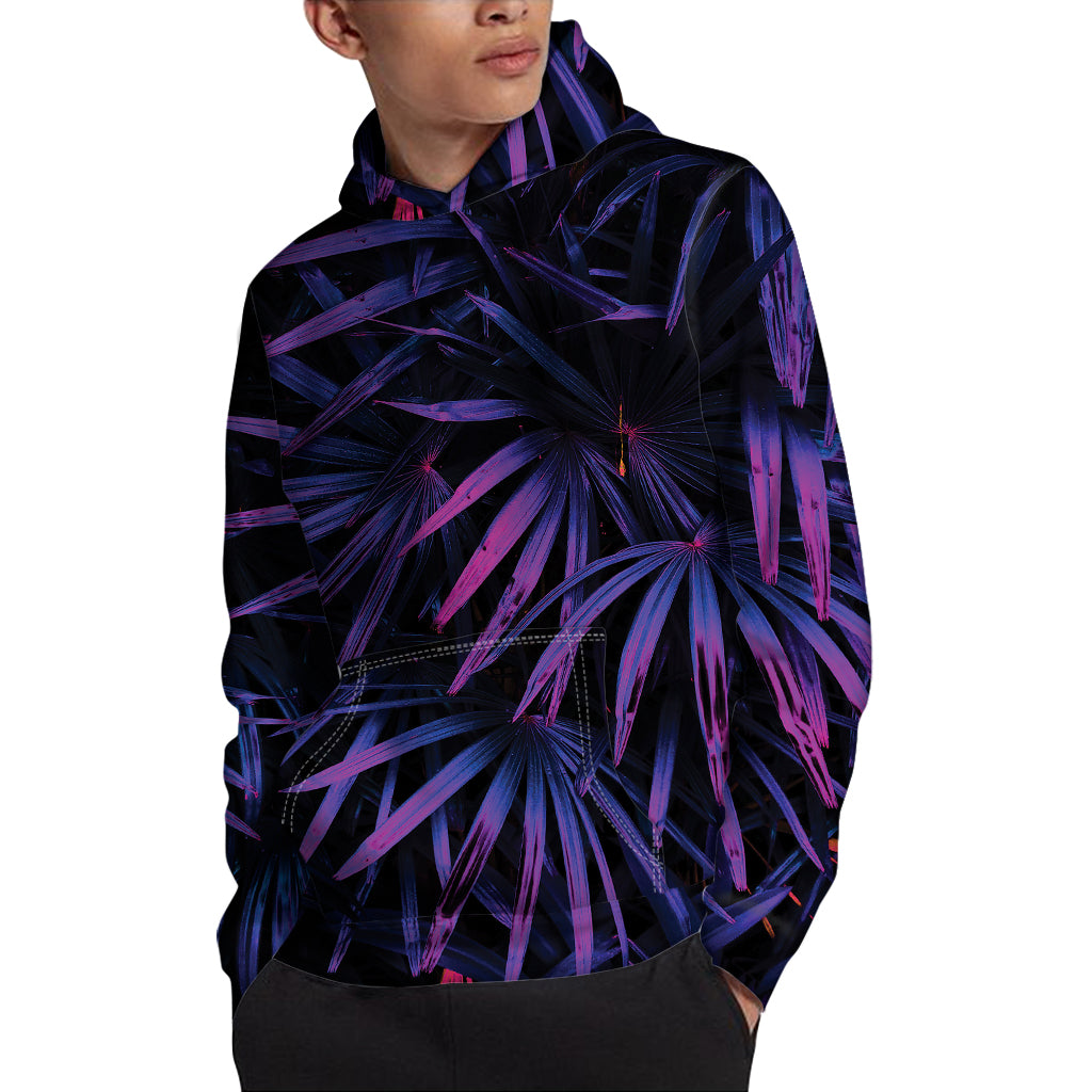 Violet Tropical Leaves Print Pullover Hoodie