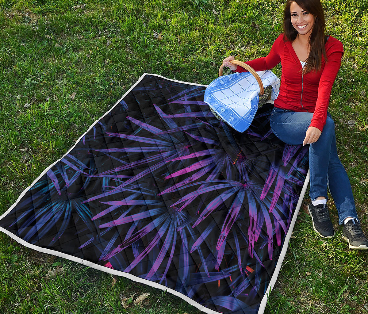 Violet Tropical Leaves Print Quilt