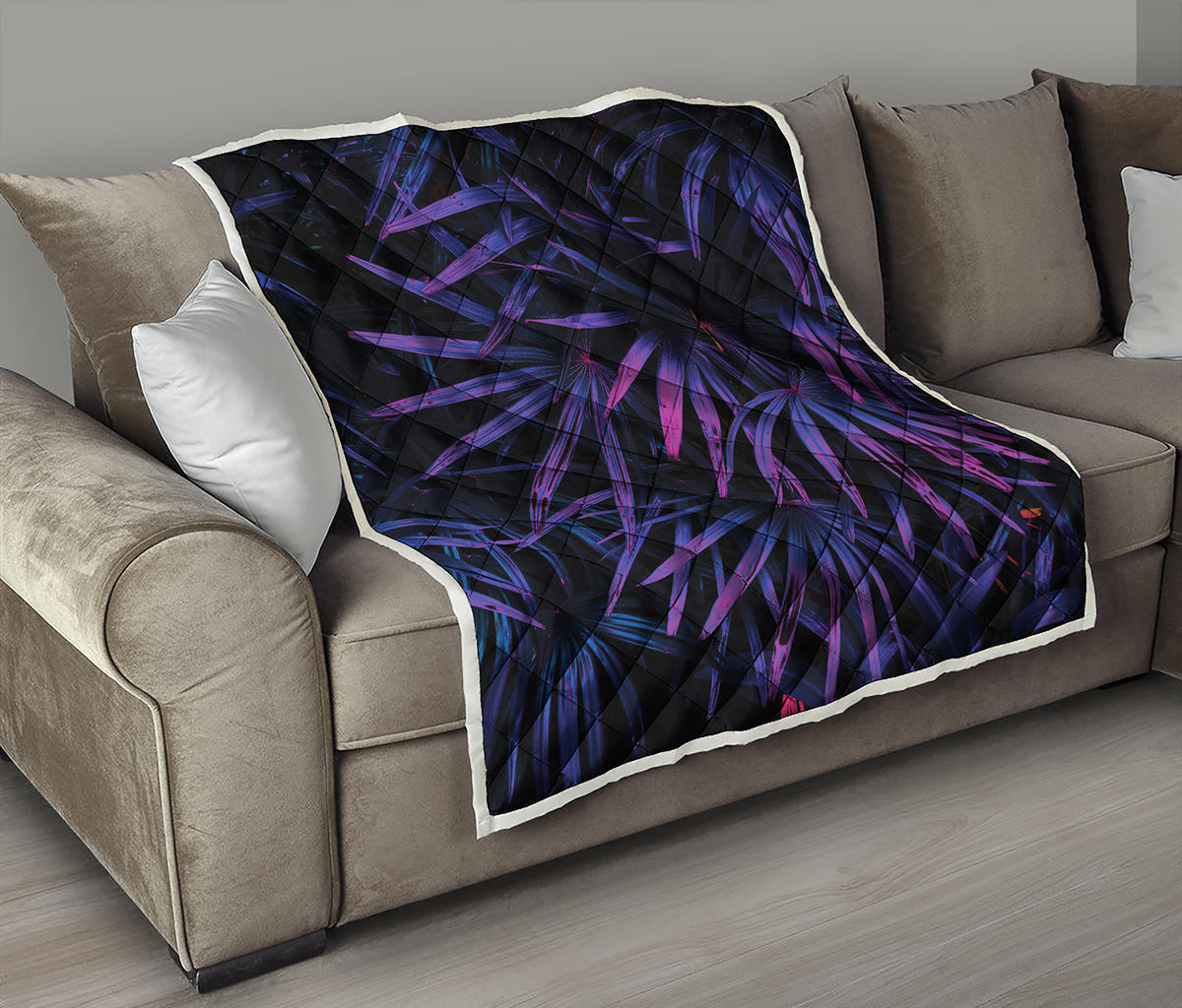 Violet Tropical Leaves Print Quilt