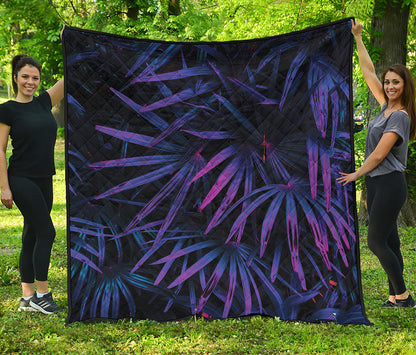 Violet Tropical Leaves Print Quilt