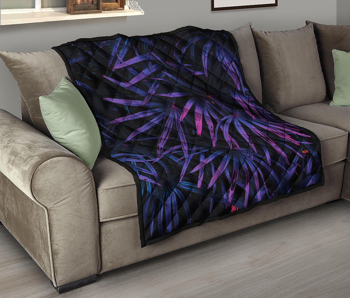 Violet Tropical Leaves Print Quilt