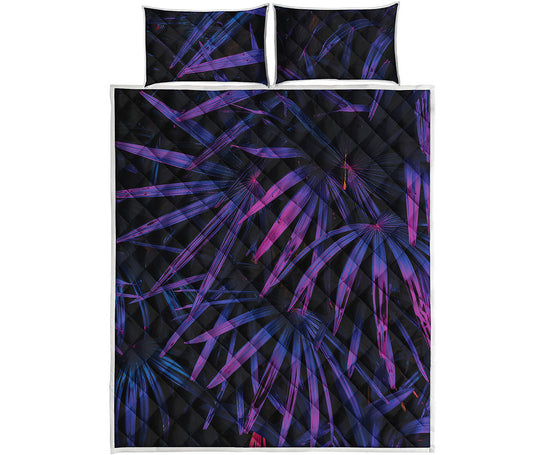 Violet Tropical Leaves Print Quilt Bed Set