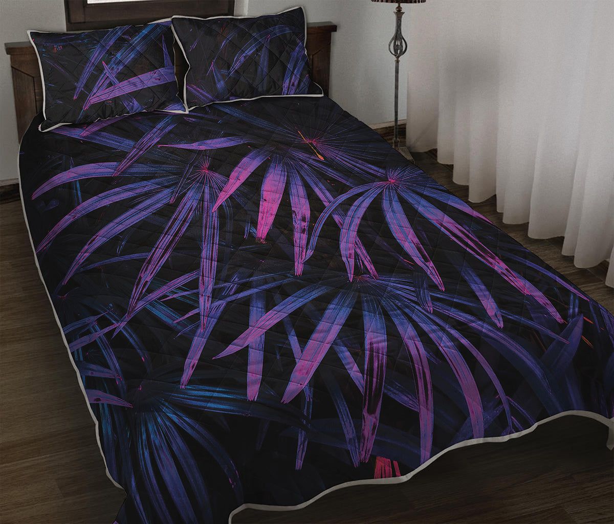 Violet Tropical Leaves Print Quilt Bed Set