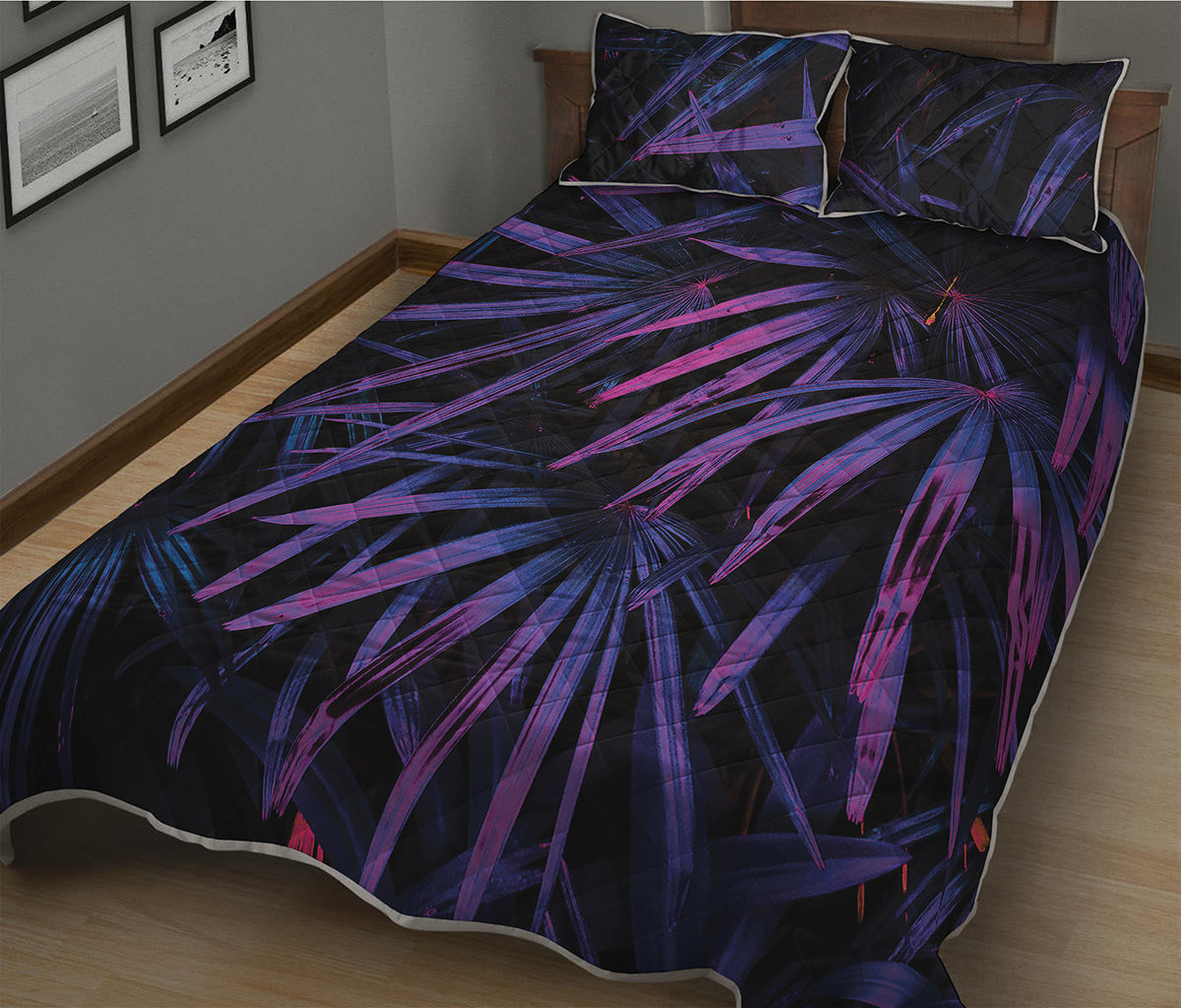 Violet Tropical Leaves Print Quilt Bed Set